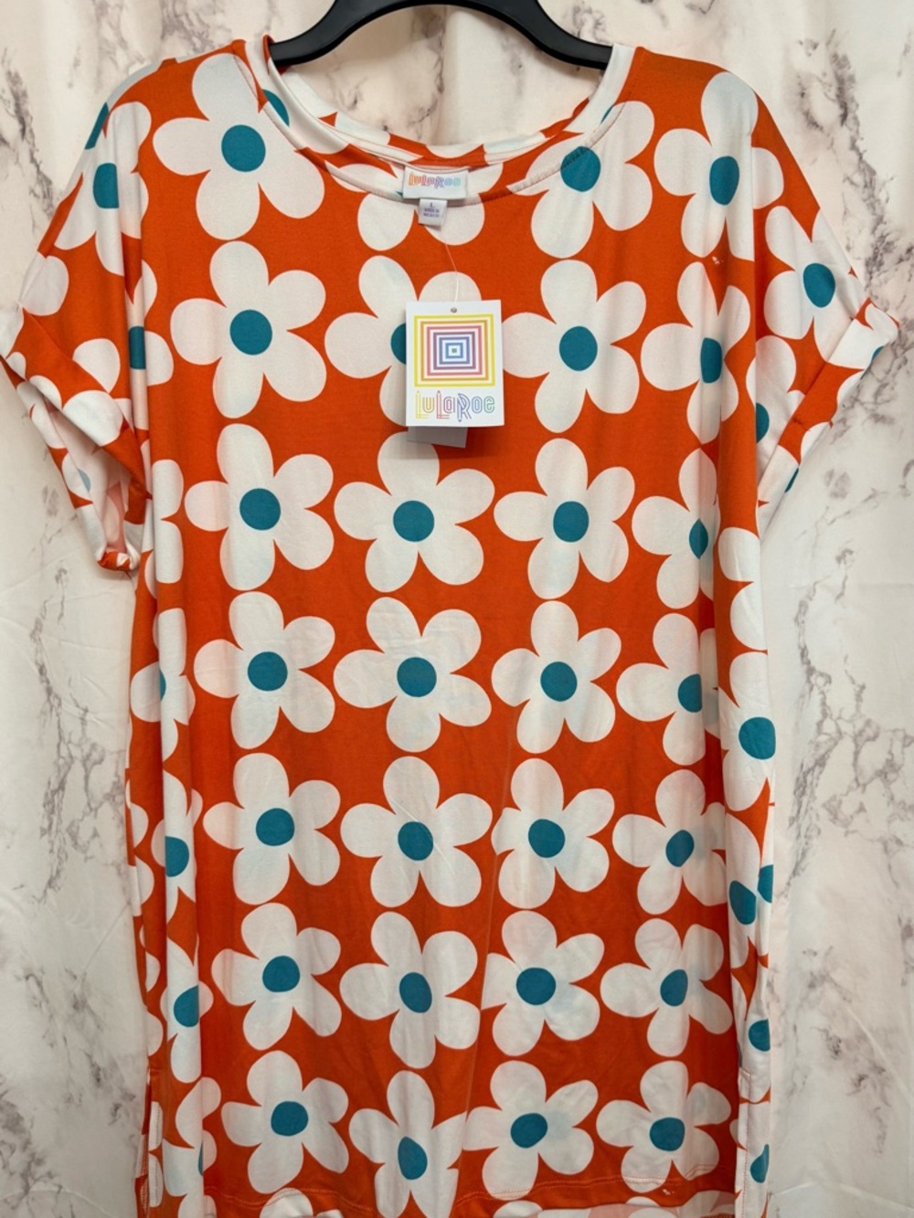 LuLaRoe Orange Floral Shift Dress with Teal Centers